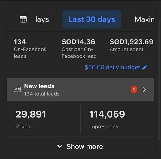 Ads Manager screenshot: 134 leads at SGD 14.36 per lead