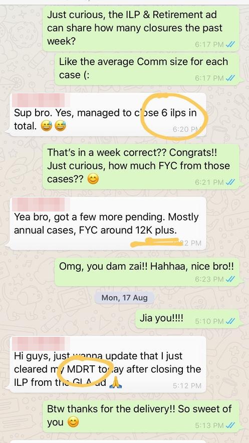 WhatsApp message from an agent: managed to close 6 ILPs, FYC around 12K plus, then cleared MDRT