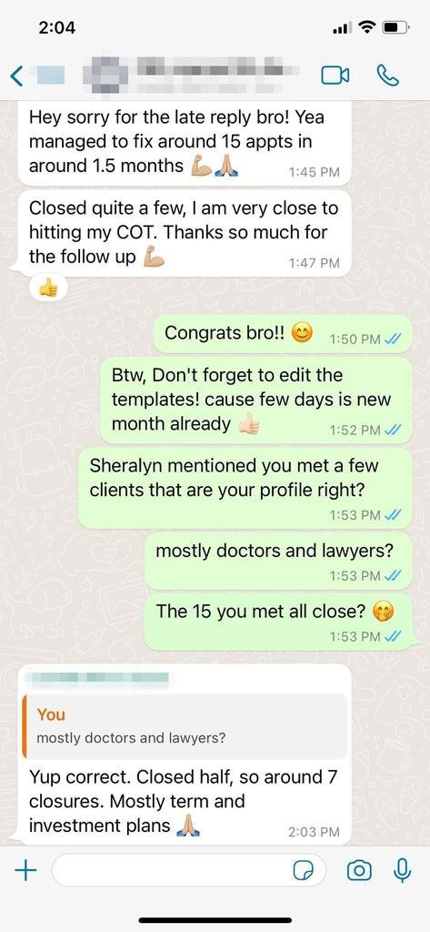 WhatsApp message from an agent: around 15 appointments in 1.5 months, around 7 closures