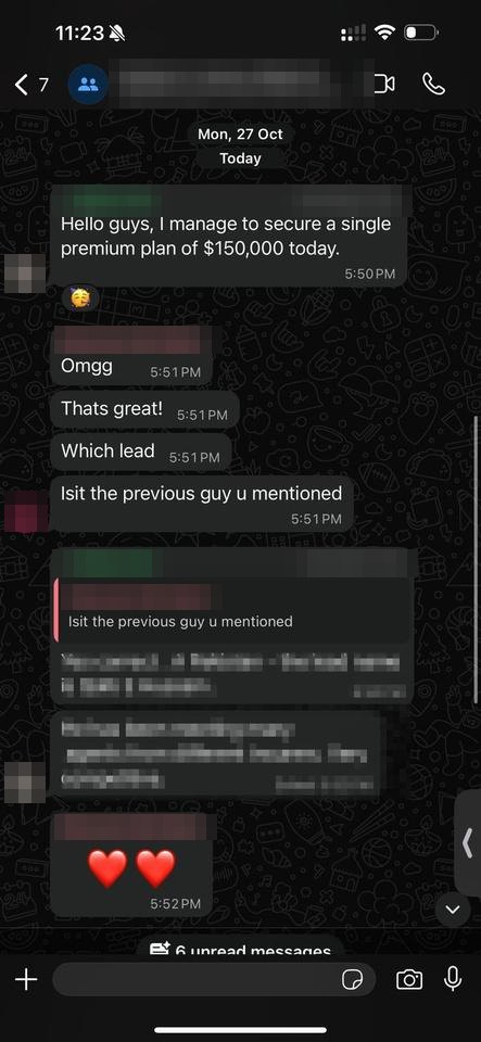 WhatsApp message from an agent: secured a single premium plan of 150,000 dollars