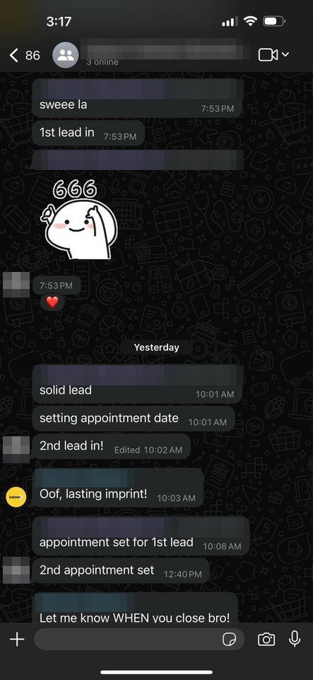 WhatsApp group chat: first lead in, solid lead, appointment set